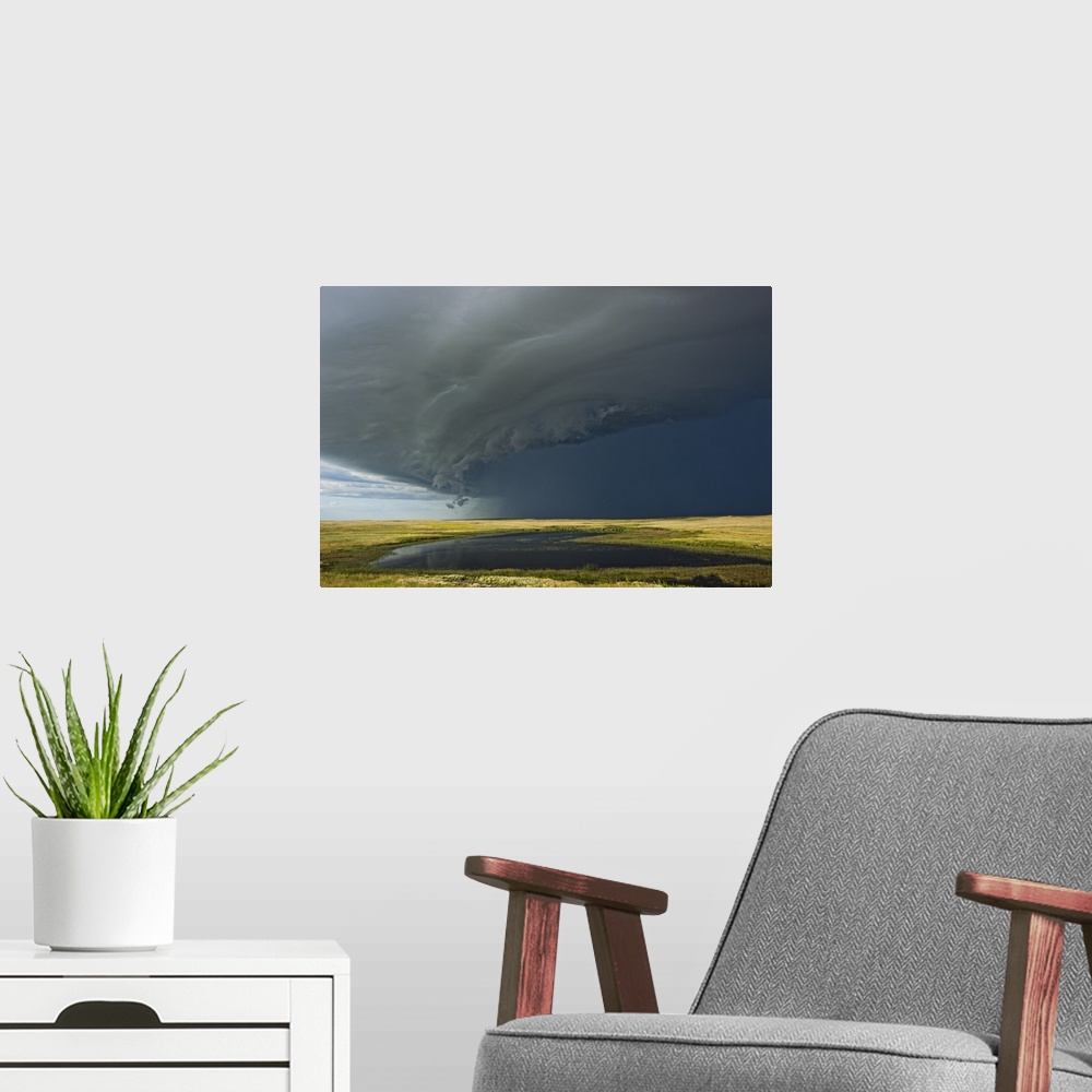 A modern room featuring Shelf cloud heralds an approaching thunderstorm over Grasslands National Park; Saskatchewan, Canada