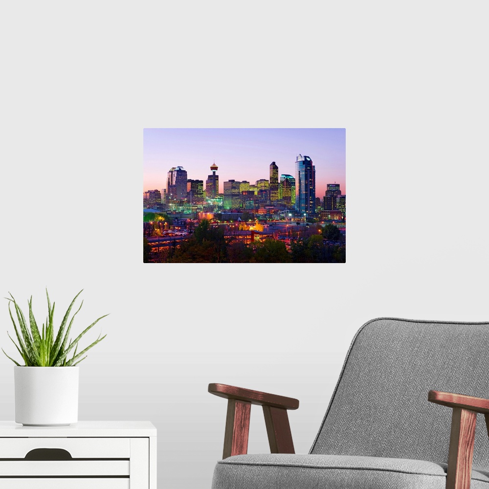 A modern room featuring Skyline At Dusk, Calgary, Alberta, Canada