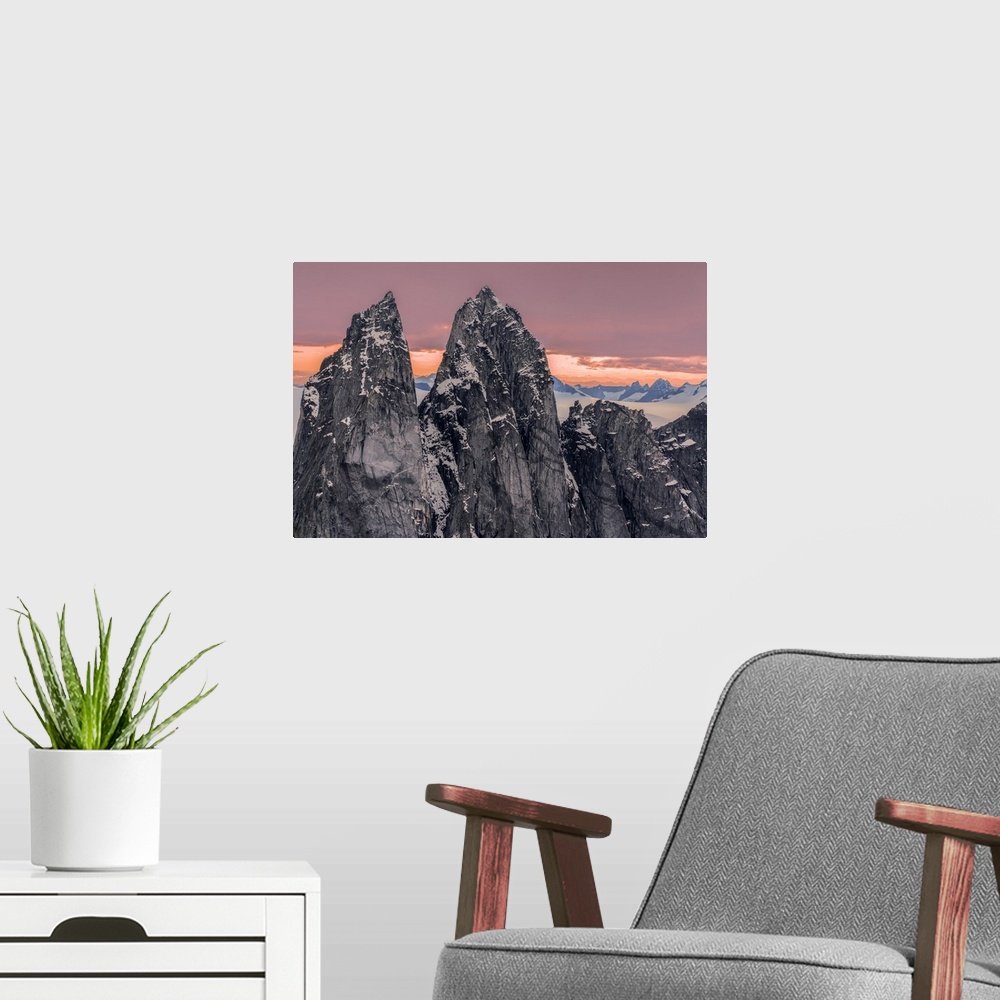 A modern room featuring Rugged peaks and snow-covered glaciers at sunset, Juneau Icefield, Tongass National Forest; Alask...