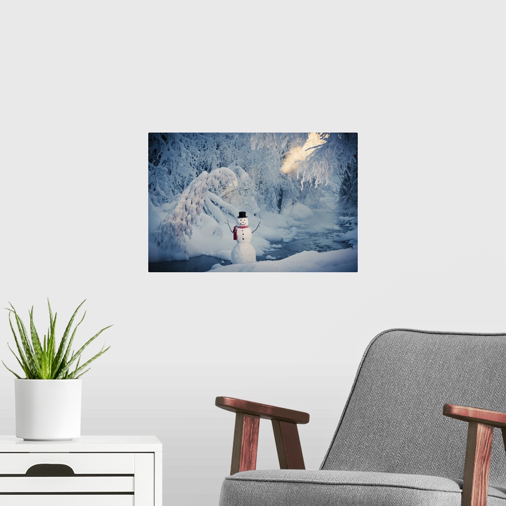A modern room featuring Snowman Standing Next To A Stream With Fog And Hoar Frosted Trees In The Background, Russian Jack...