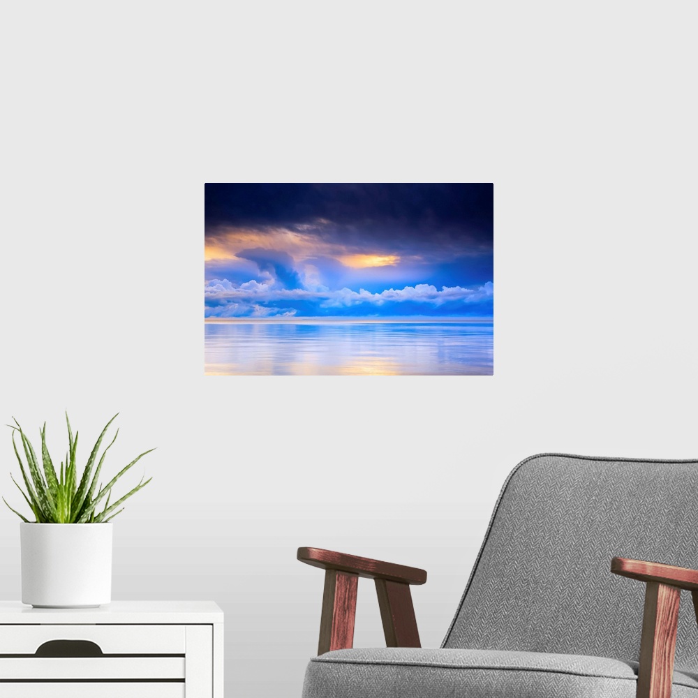 A modern room featuring Storm Clouds And Lake Winnipeg At Sunrise, Gimli, Manitoba, Canada