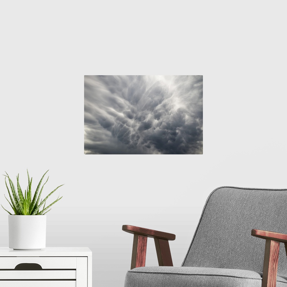 A modern room featuring Storm clouds during a warning of tornadoes and hailstorms, Loveland, Colorado, united states of A...
