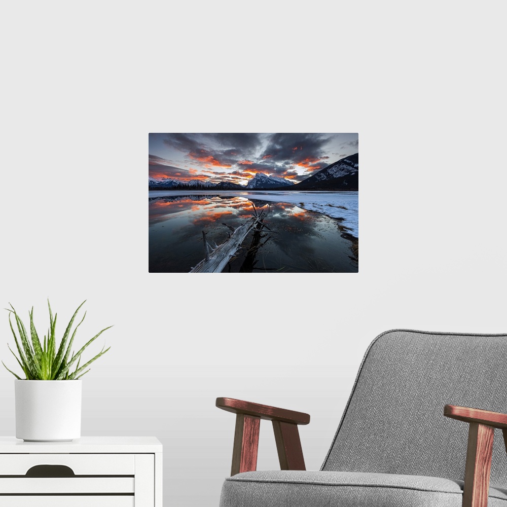 A modern room featuring Stunning sunrise at Vermillion Lakes backed by Mt. Rundle in Banff National Park.
