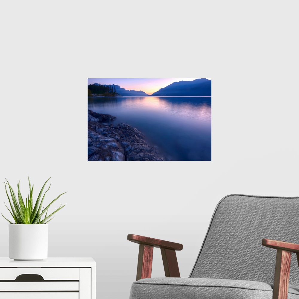 A modern room featuring Summer Sunrise On Abraham Lake In The Canadian Rockies, Alberta, Canada