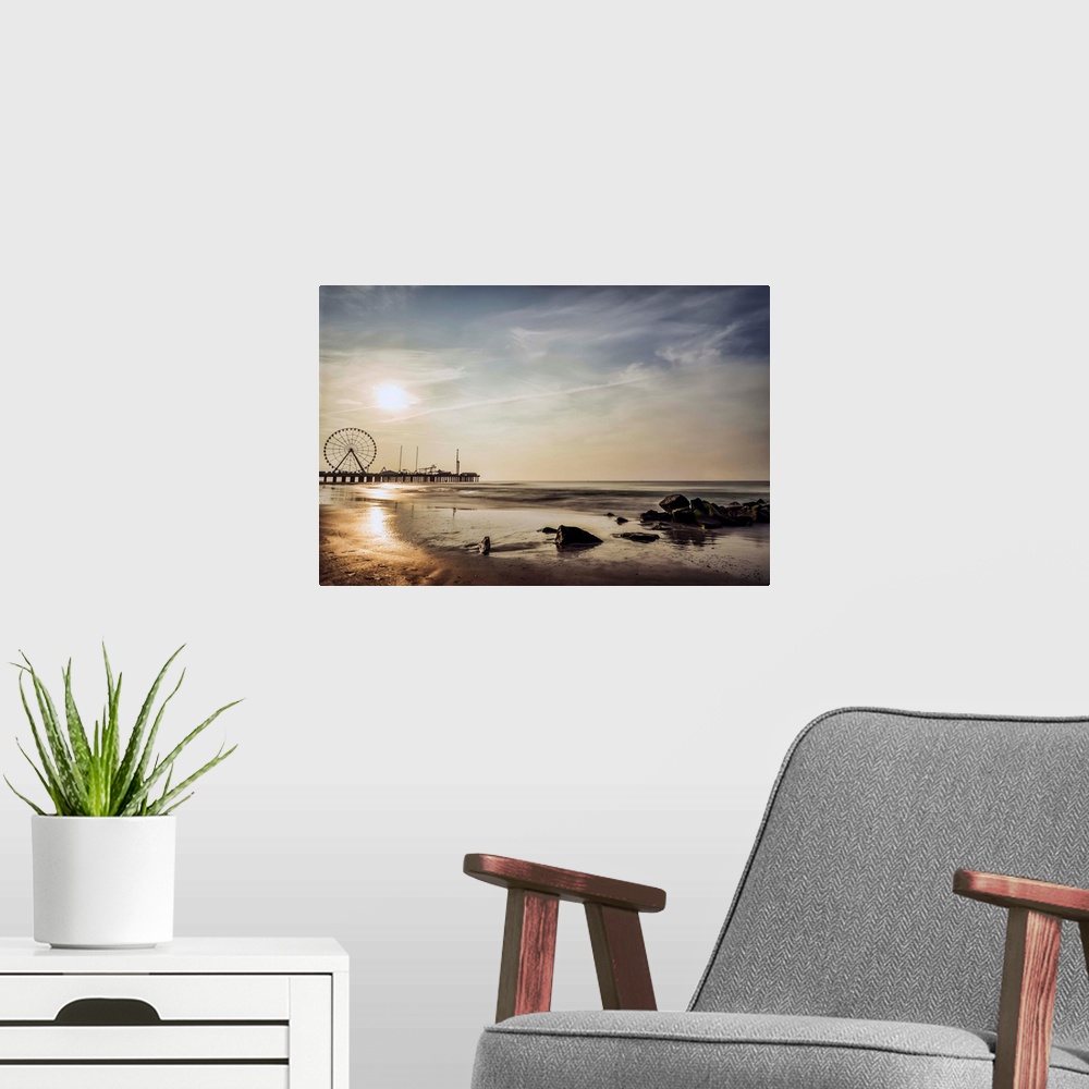 A modern room featuring Sunrise on Atlantic City Beach; Atlantic City, New Jersey, United States of America