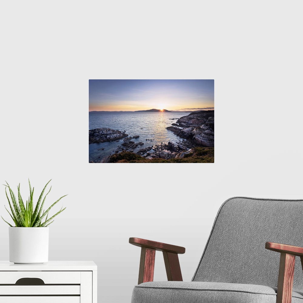 A modern room featuring Sunrise Over Bay, Near Kintra, Ross of Mull, Argyll and Bute, Isle of Mull, Inner Hebrides, Scotland