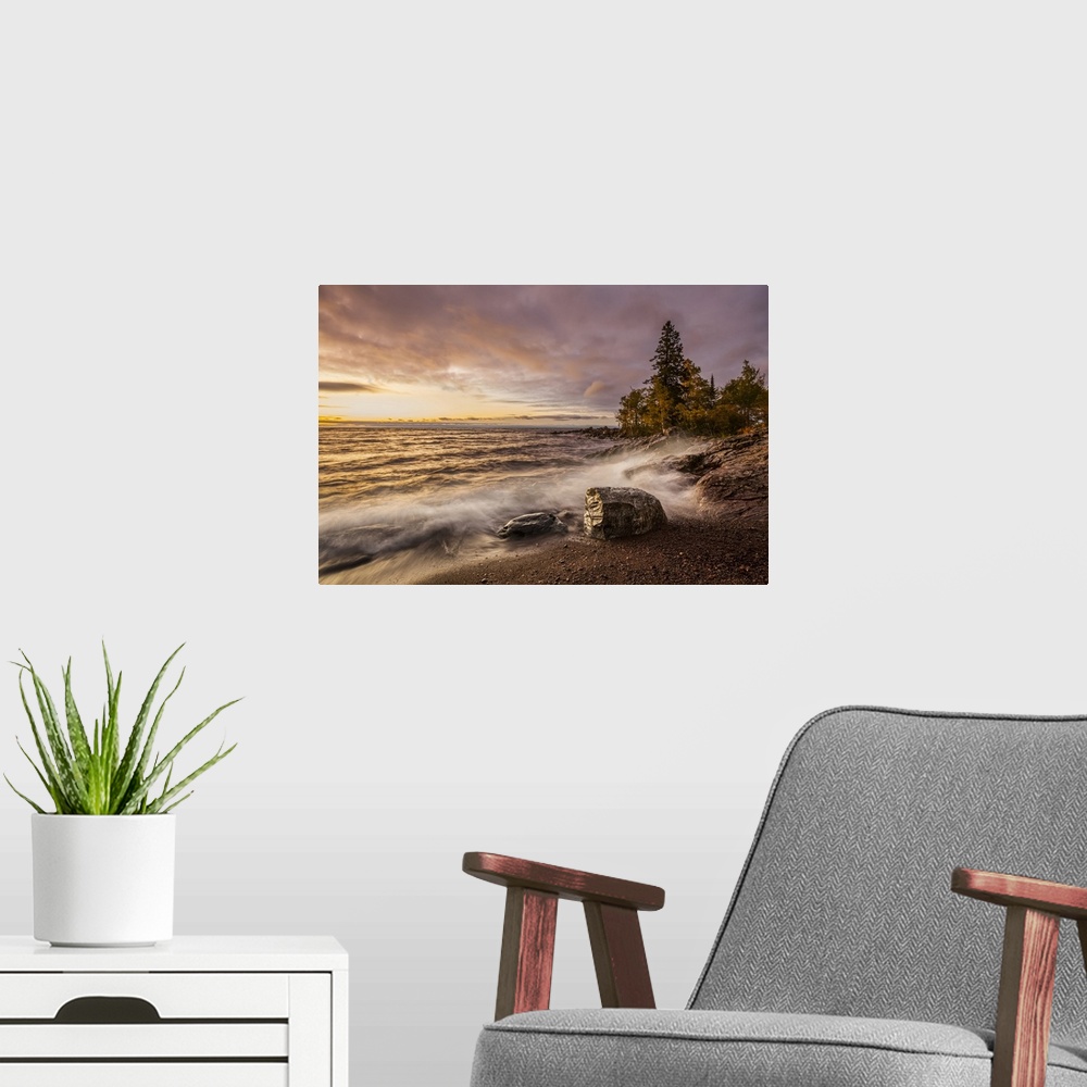 A modern room featuring Sunset at Tettegouche State Park; Minnesota, United States of America.