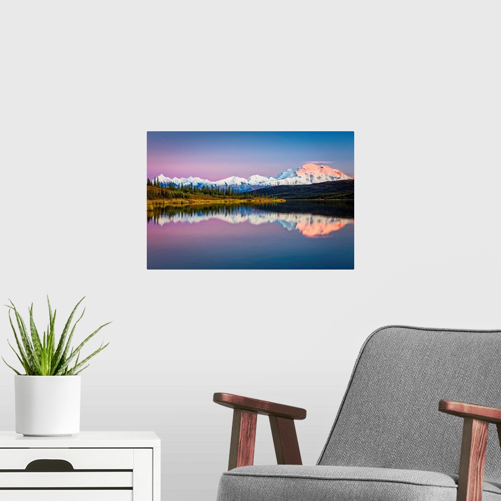 A modern room featuring Sunset glow on Mount Denali (McKinley) reflects on Wonder Lake with pastel sky, Denali National P...
