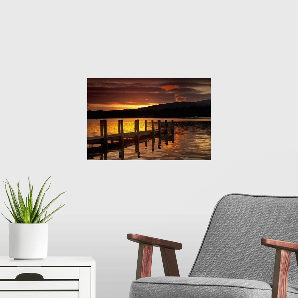 A modern room featuring Sunset Over Dock At Lake Windermere; Ambleside, Cumbria, England