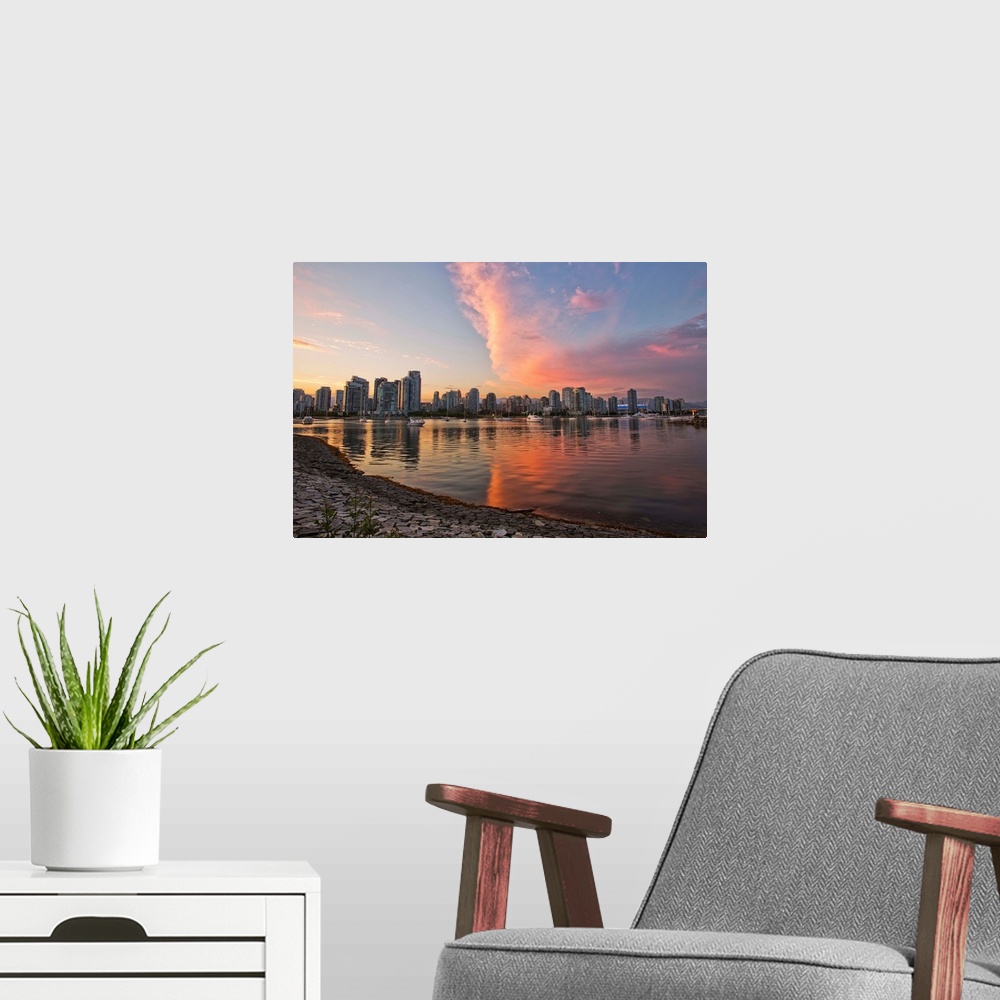 A modern room featuring Sunset Over False Creek And City Skyline, Vancouver, British Columbia, Canada