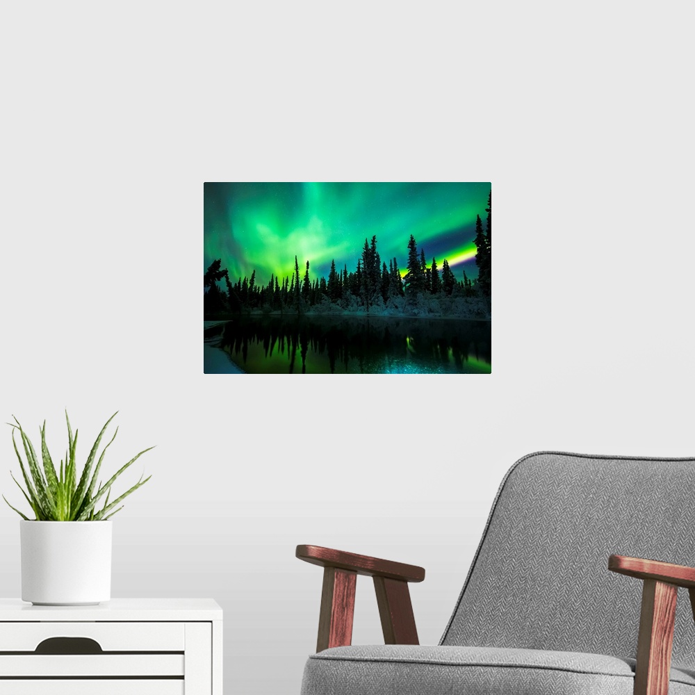 A modern room featuring The aurora reflects in the Clearwater River in Delta Junction; Alaska, United States of America
