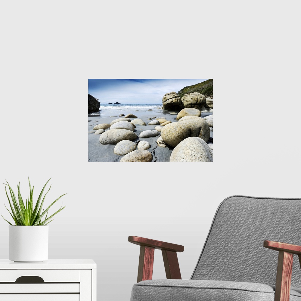 A modern room featuring The beach at Porth Nanven.