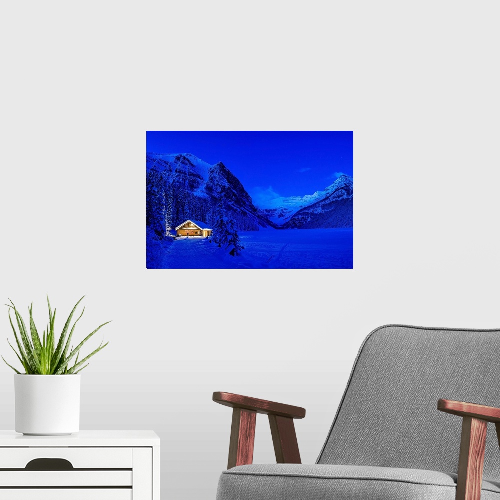 A modern room featuring The blue hour at Lake Louise in winter in Banff National Park.