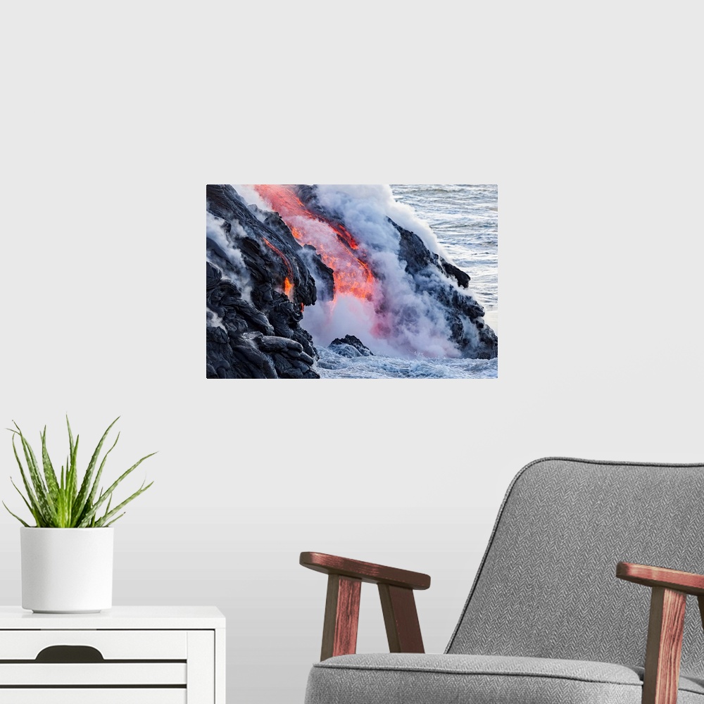 A modern room featuring The Pahoehoe lava flowing from Kilauea has reached the Pacific ocean near Kalapana; Island of Haw...