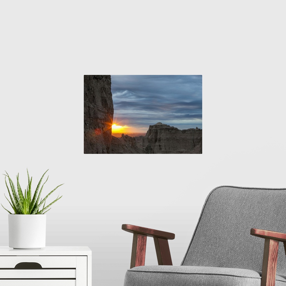 A modern room featuring The sun rises over Badlands National Park, South Dakota, United States of America