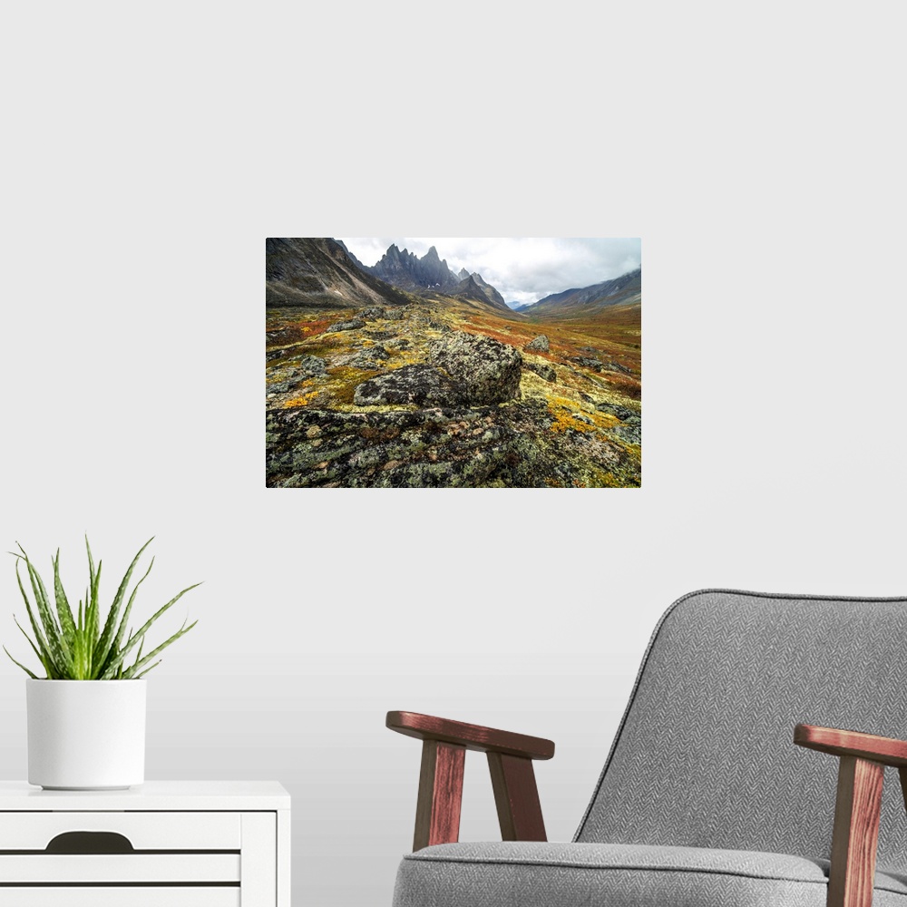 A modern room featuring The Tombstone Valley in autumn colours with Tombstone Mountain rising above the tundra in Tombsto...