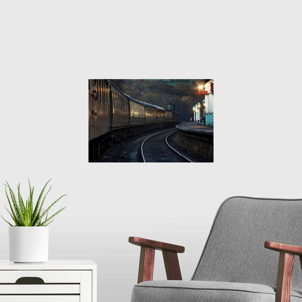 A modern room featuring Train At Station At Dusk, Pickering, North Yorkshire, England