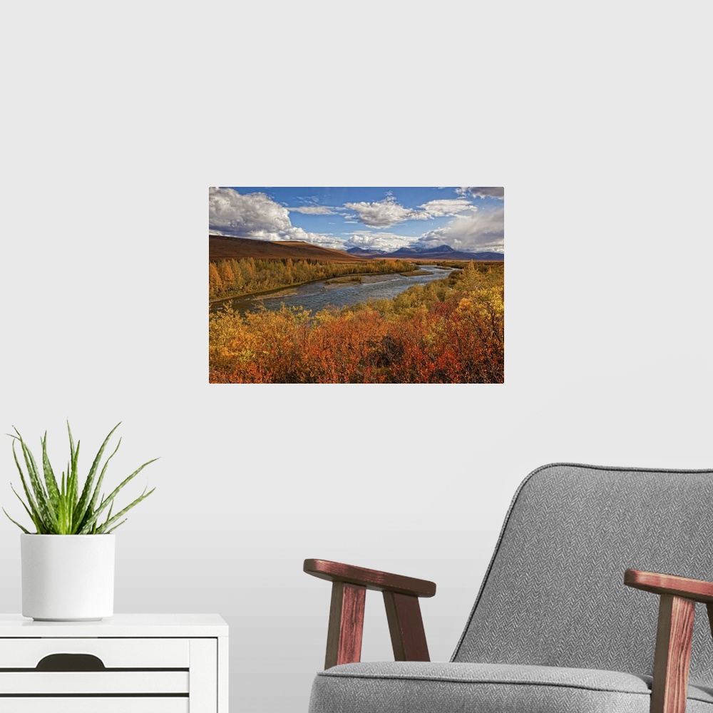 A modern room featuring Upper Blackstone River Flowing North Along The Demspter Highway In Autumn, Yukon Canada