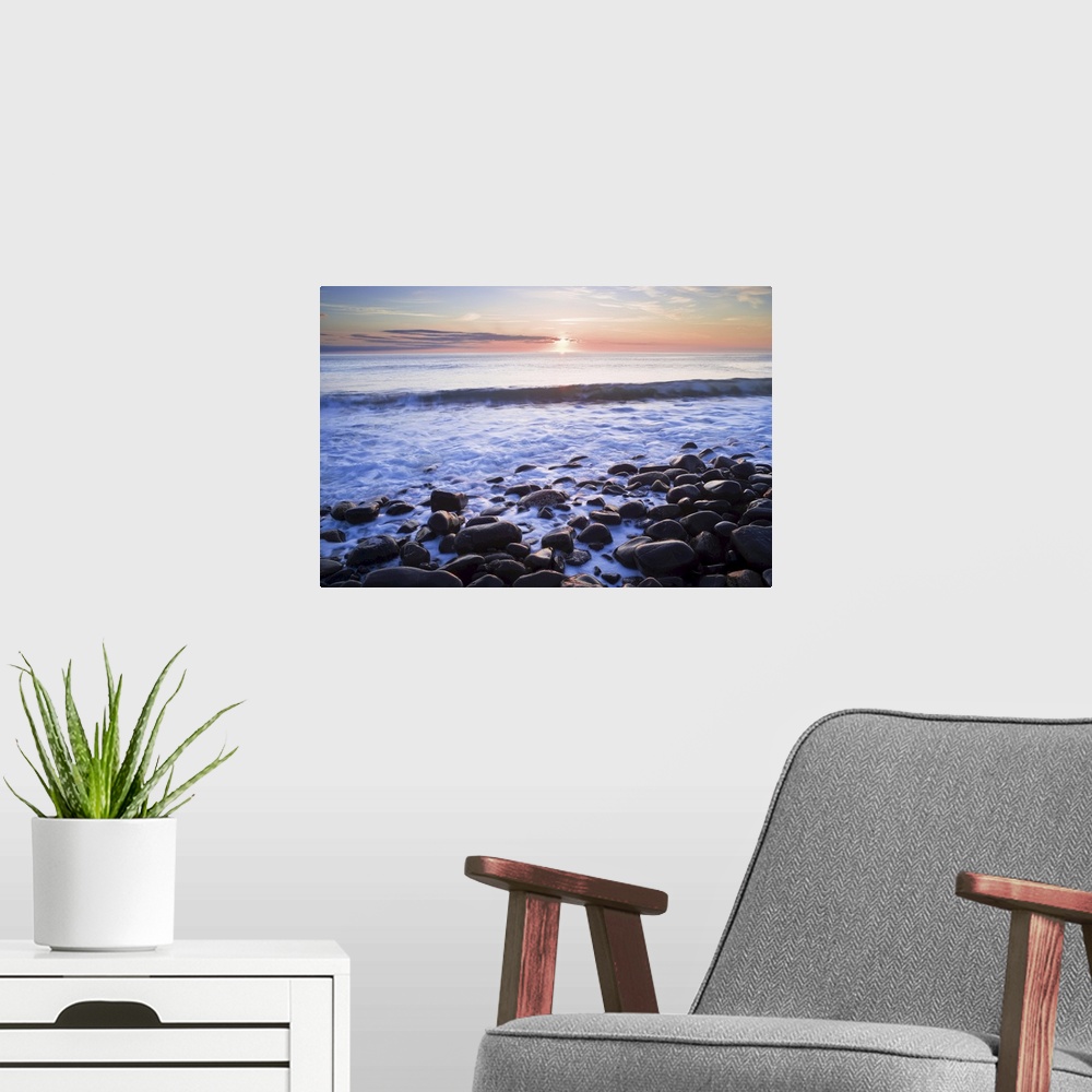 A modern room featuring Waves Breaking on Rocky Shore at Dawn, Near Dunstanburgh Castle, Northumberland, England