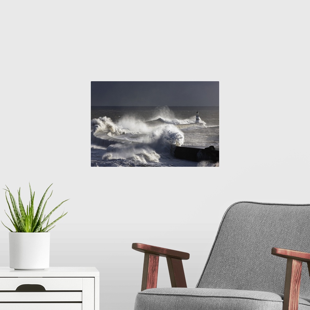 A modern room featuring Waves Crashing On Lighthouse, Seaham, Teesside, England