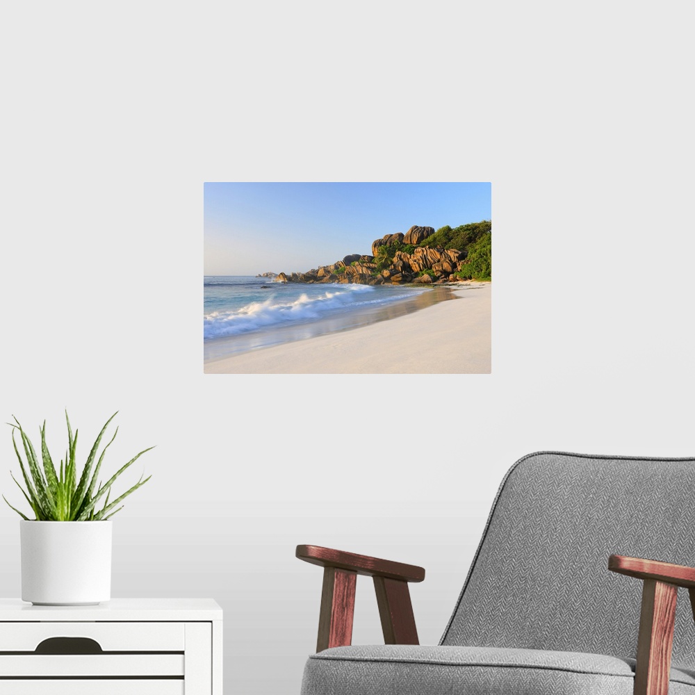 A modern room featuring Waves hitting Beach, Grand Anse in Morning, La Digue, Seychelles