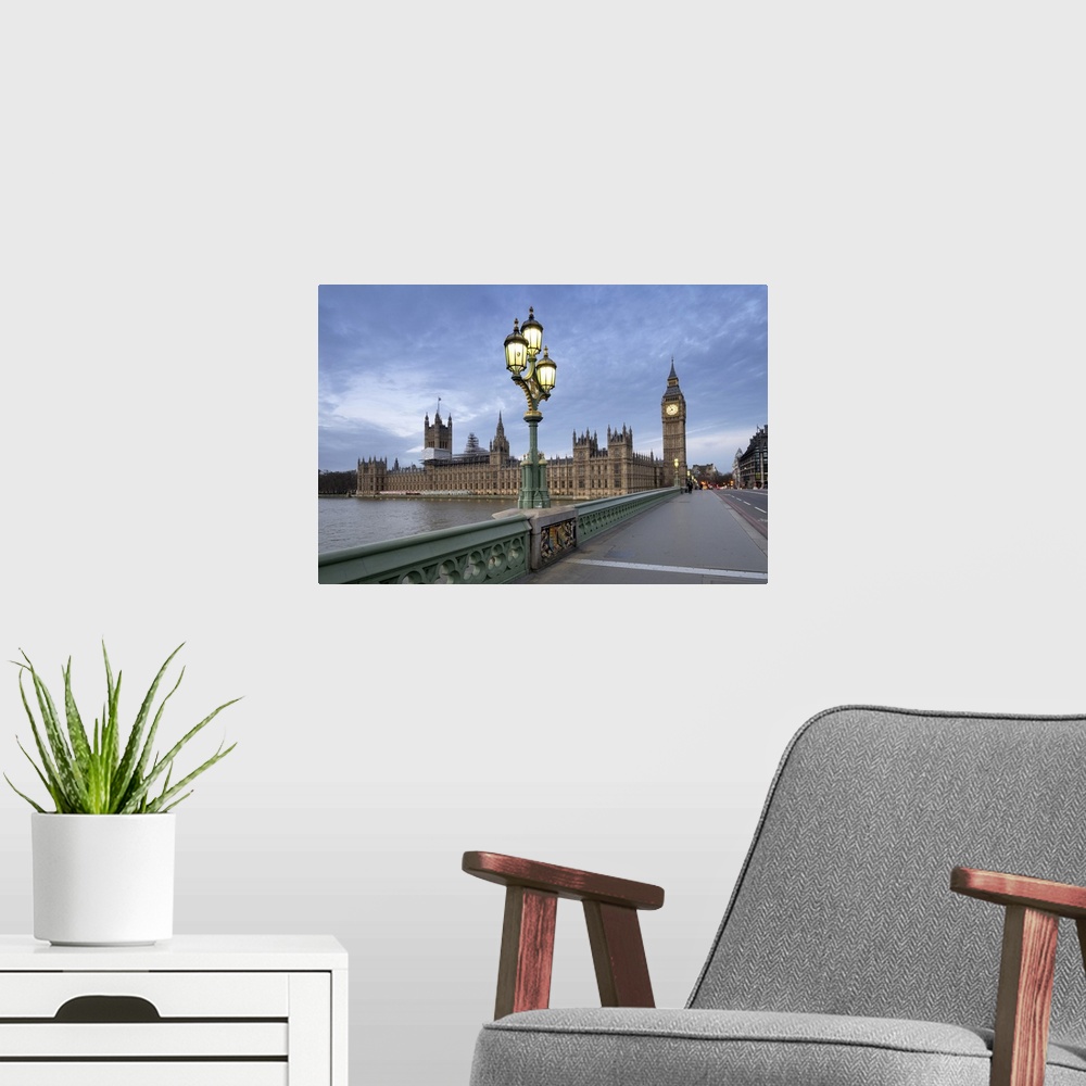 A modern room featuring Westminster Bridge looking towards Big Ben and the Houses of Parliament.