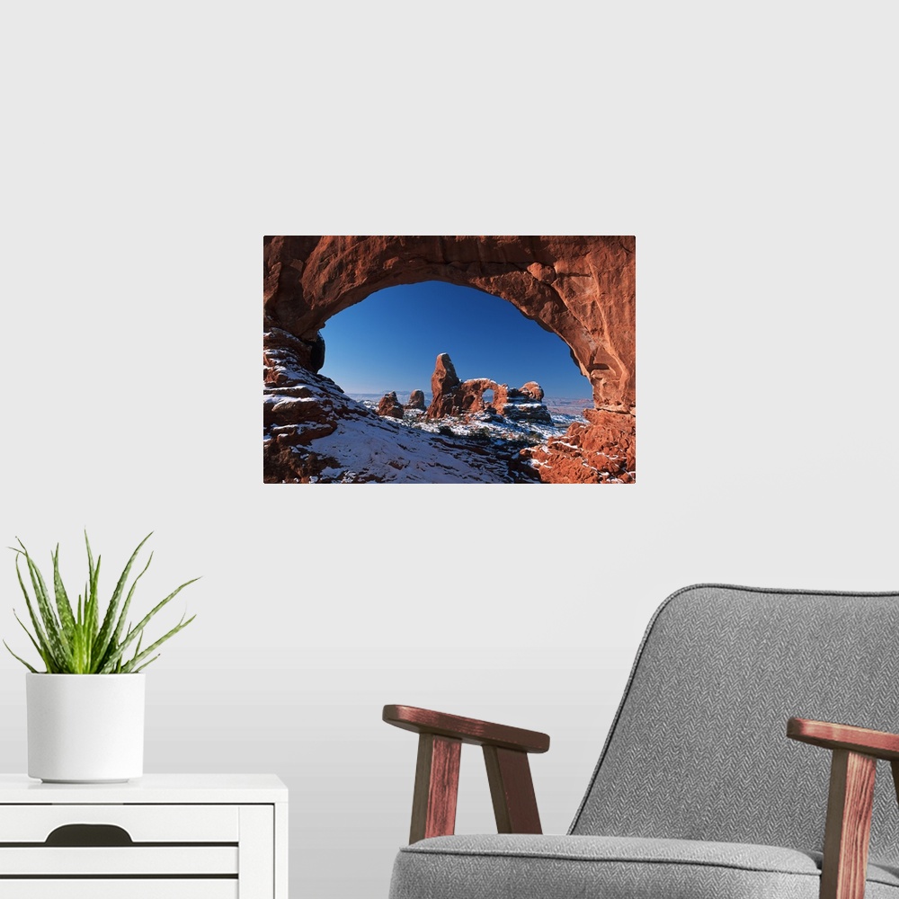 A modern room featuring Winter Snow Covers Turret Arch At Arches National Park; Utah