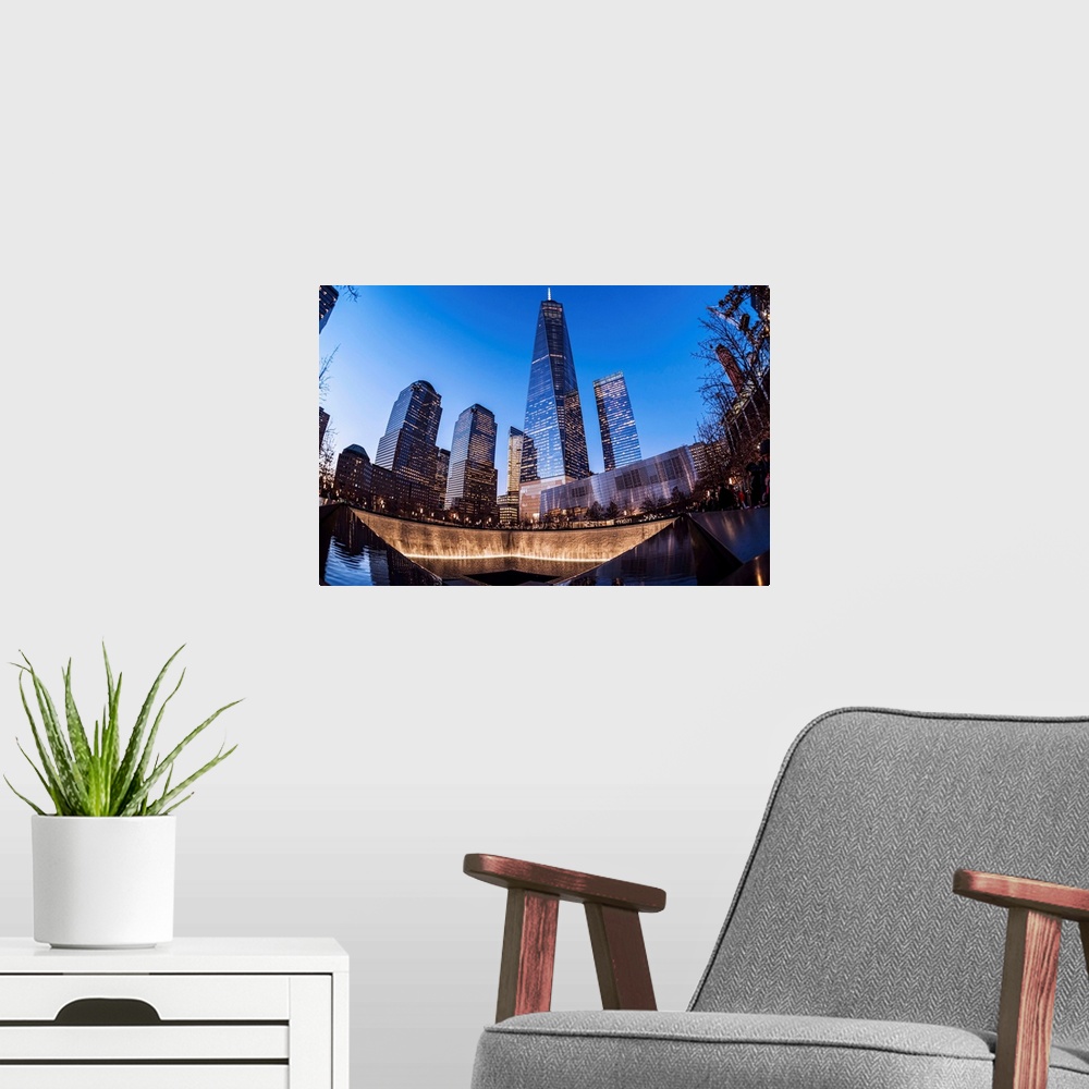 A modern room featuring World Trade Center memorial at twilight, World Trade Centre. New York City, New York, United Stat...