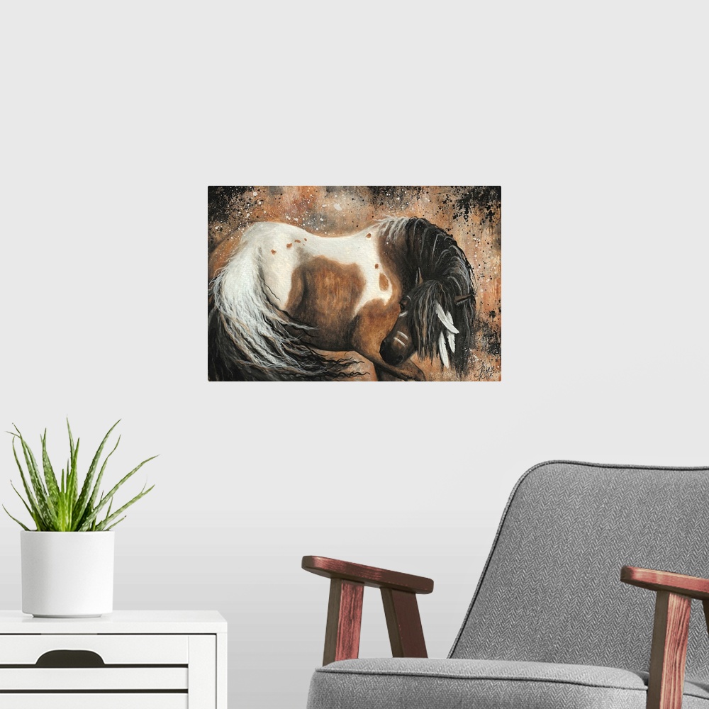 A modern room featuring Majestic Series of Native American inspired horse paintings of a mustage.