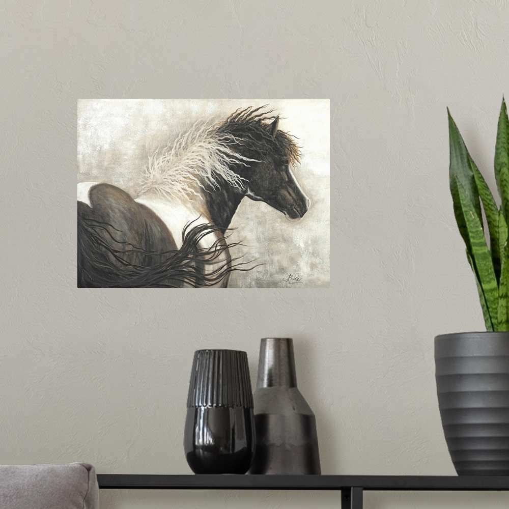 A modern room featuring Majestic Series of Native American inspired horse paintings of a Curly horse stallion.