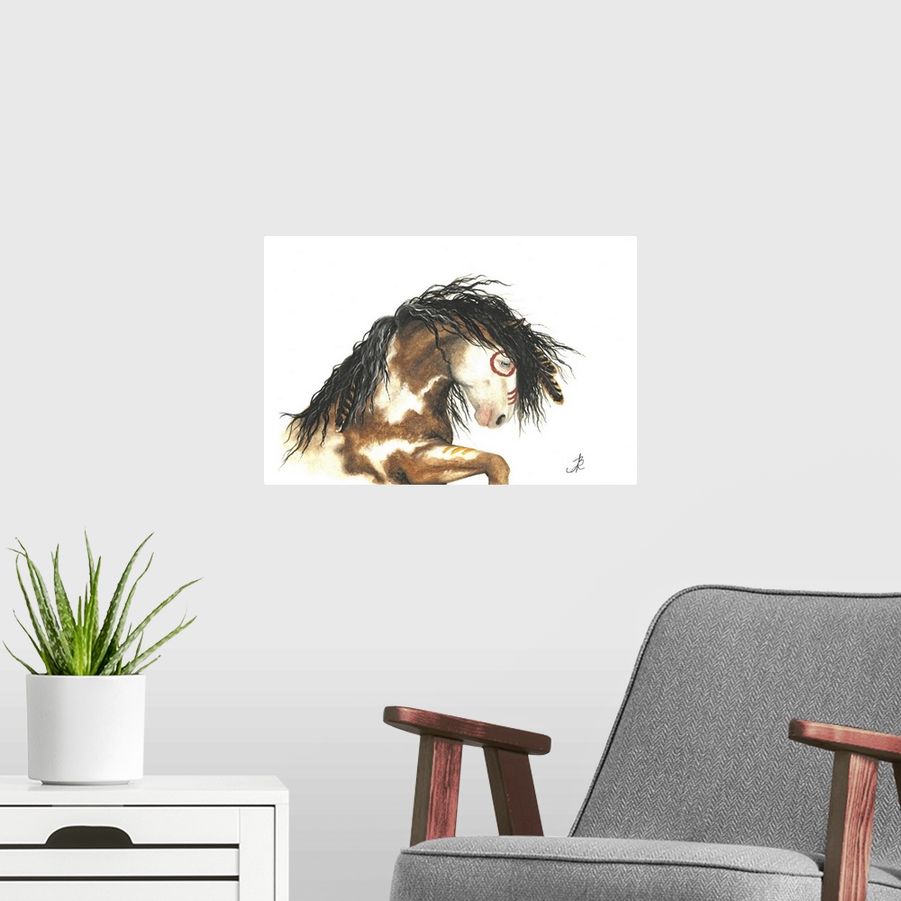 A modern room featuring Majestic Series of Native American inspired horse paintings of a paint mustang.