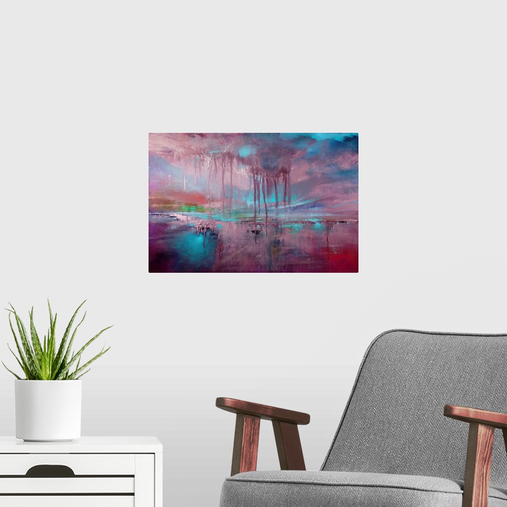A modern room featuring Abstract painted landscape with vivid structures. Wide horizon, clouds, bright light, intense blu...