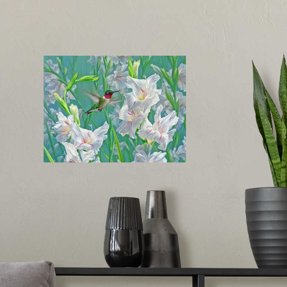 A modern room featuring Garden Dance - Hummingbird And Gladiola V