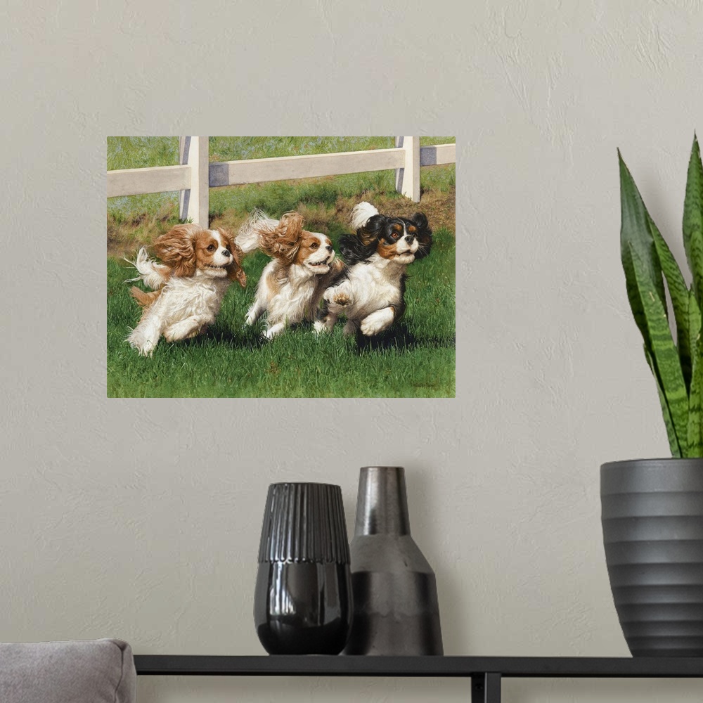 A modern room featuring A charming image of three cocker spaniels running together in a field.