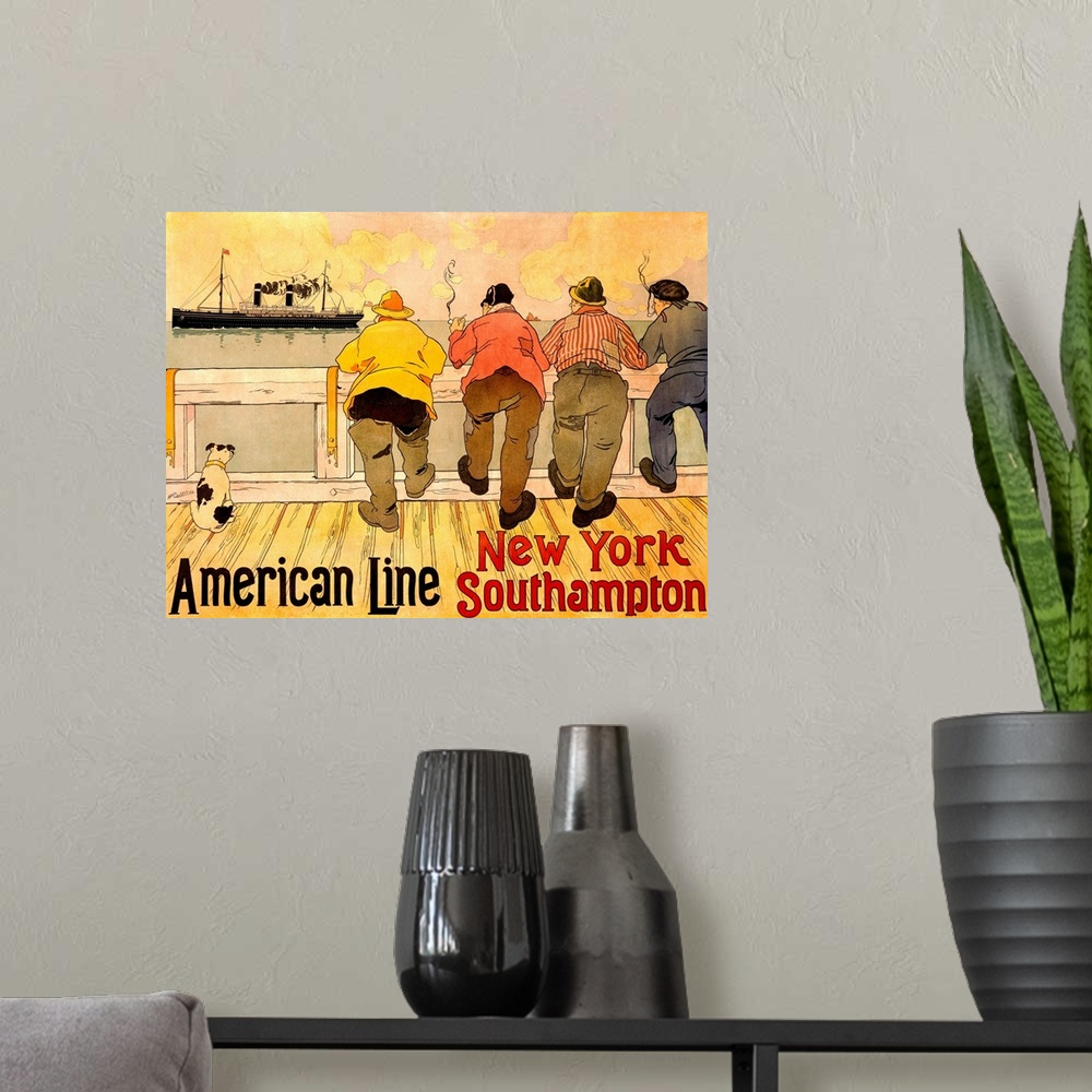 A modern room featuring Classic advertisement for American Line New York to Southampton routes.
