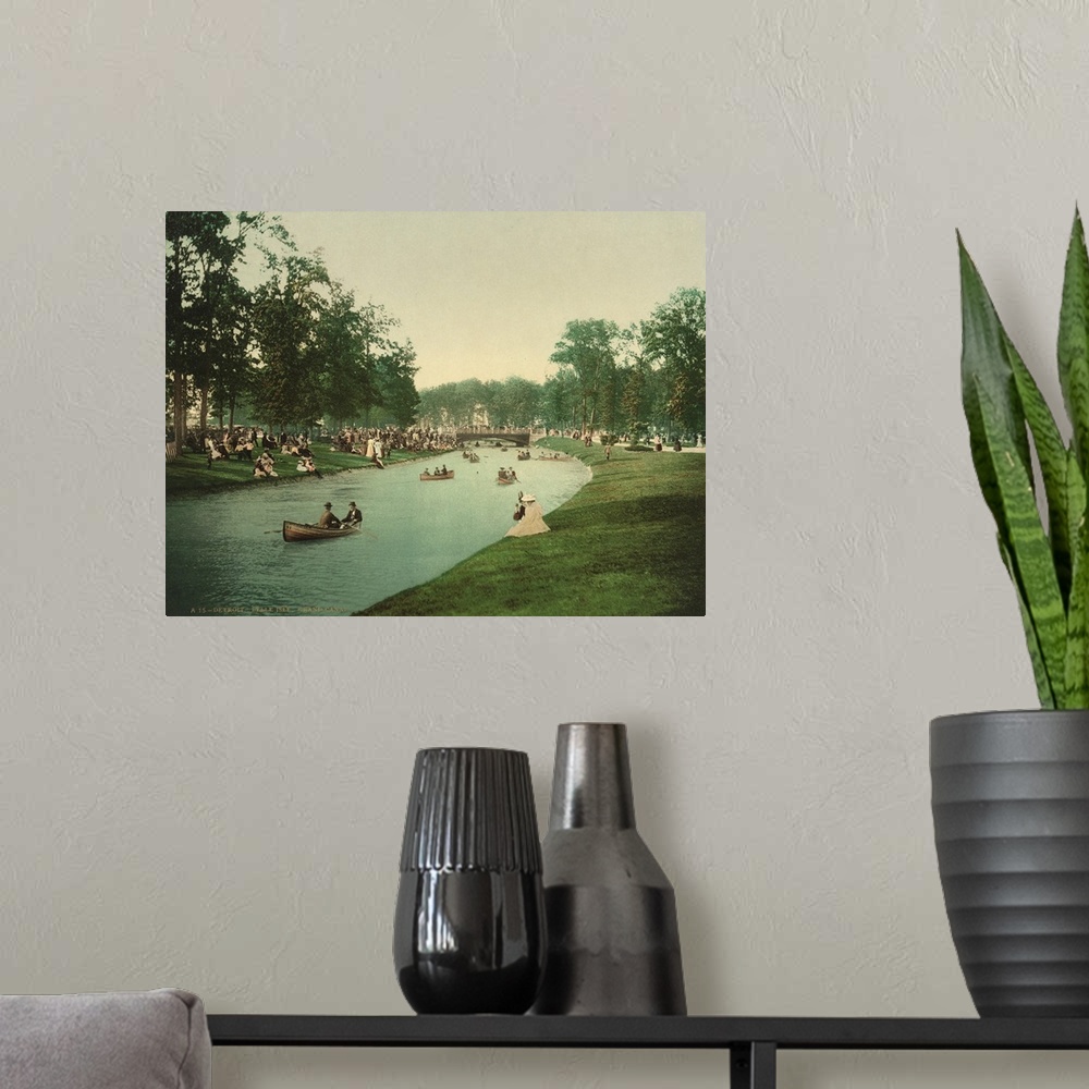 A modern room featuring Hand colored photograph of Detroit. Belle isle, grand canal.
