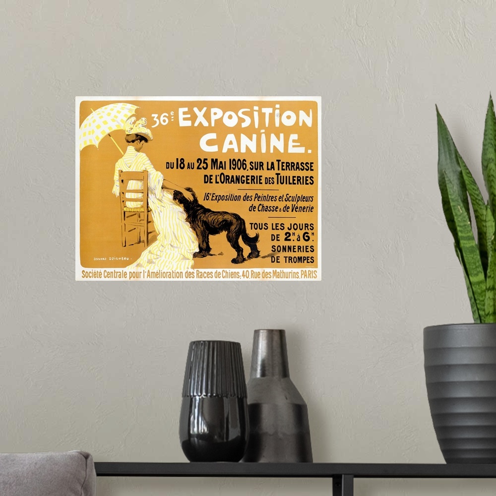 A modern room featuring Advertisement for the 36th Dog Show at l'Orangerie des Tuileries in Paris. The poster shows an el...