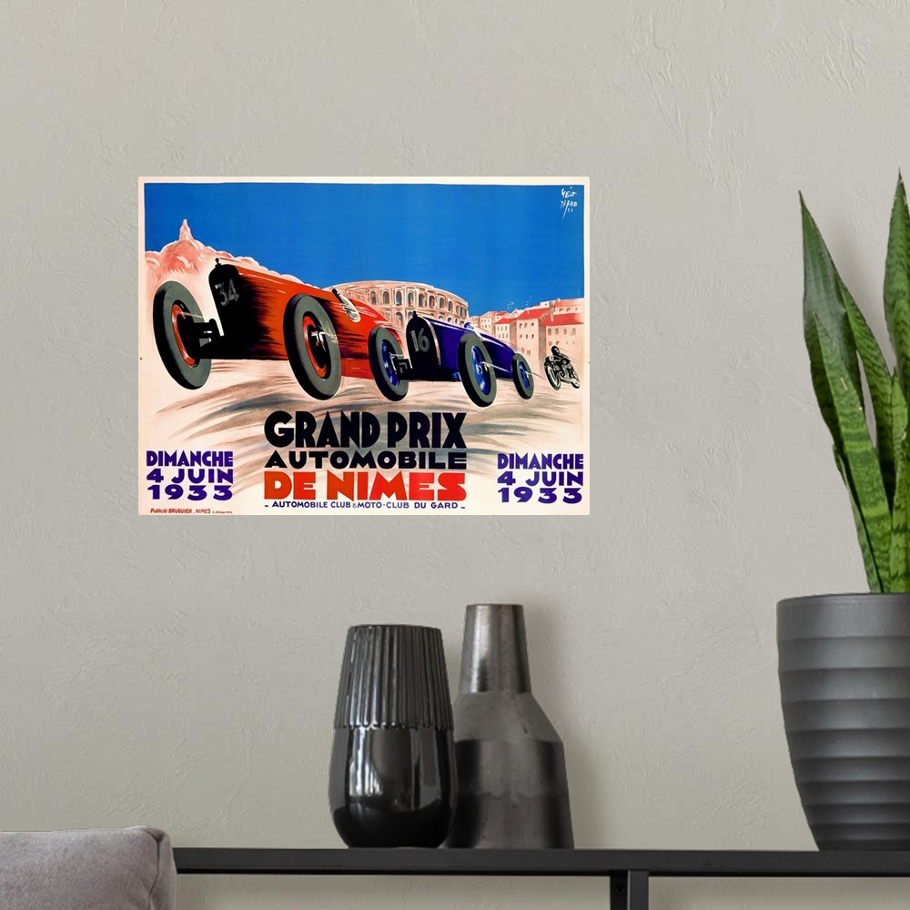 A modern room featuring Grand Prix, de Nimes, 1932, Vintage Poster