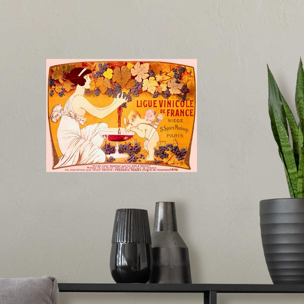 A modern room featuring Vintage styled poster of a woman squeezing juice out of grapes in to a giant wine glass with cupi...