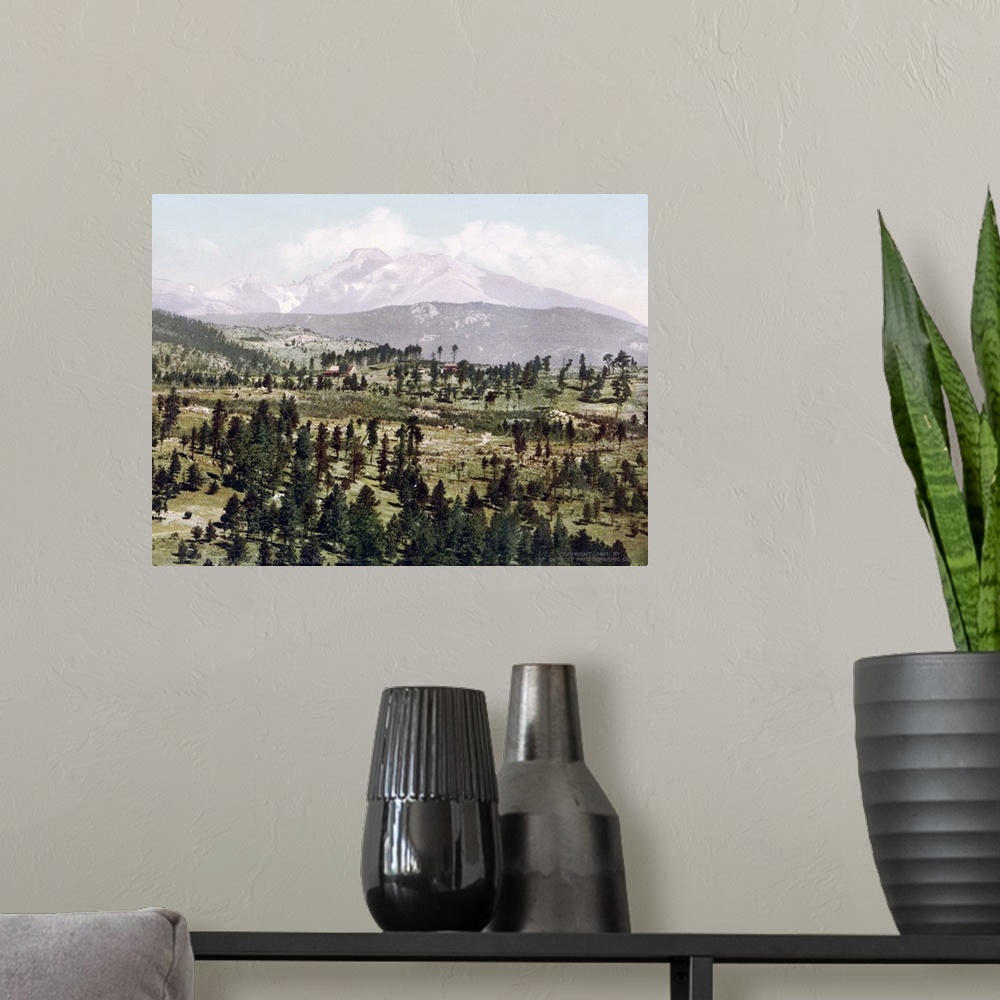 A modern room featuring Longs Peak from Mont Alto Colorado Vintage Photograph