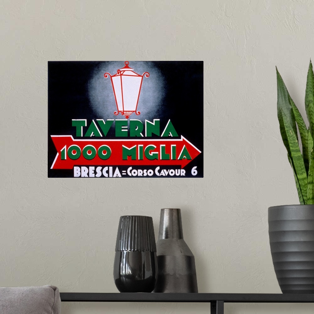 A modern room featuring Vintage sign poster advertising an Italian Tavern with a street lamp and arrow.