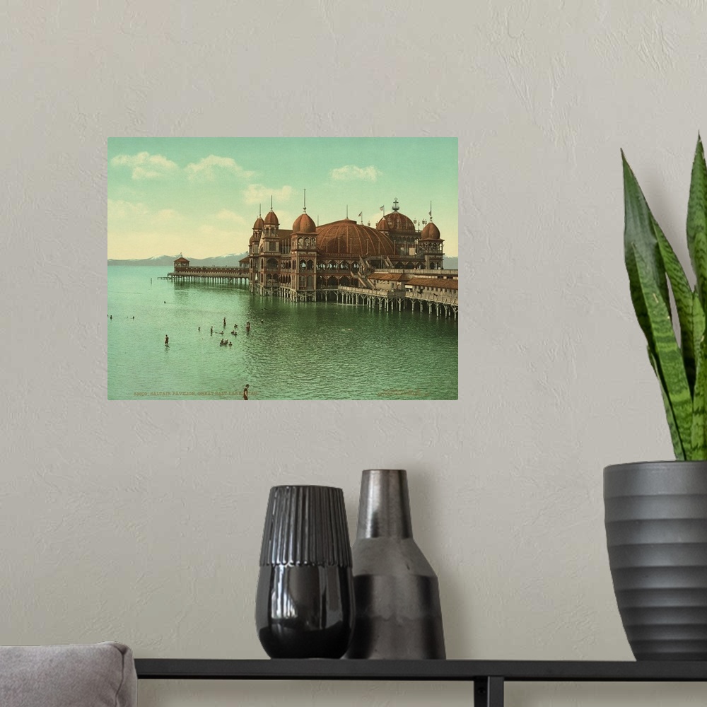 A modern room featuring Hand colored photograph of Saltair pavilion, great Salt Lake, Utah.