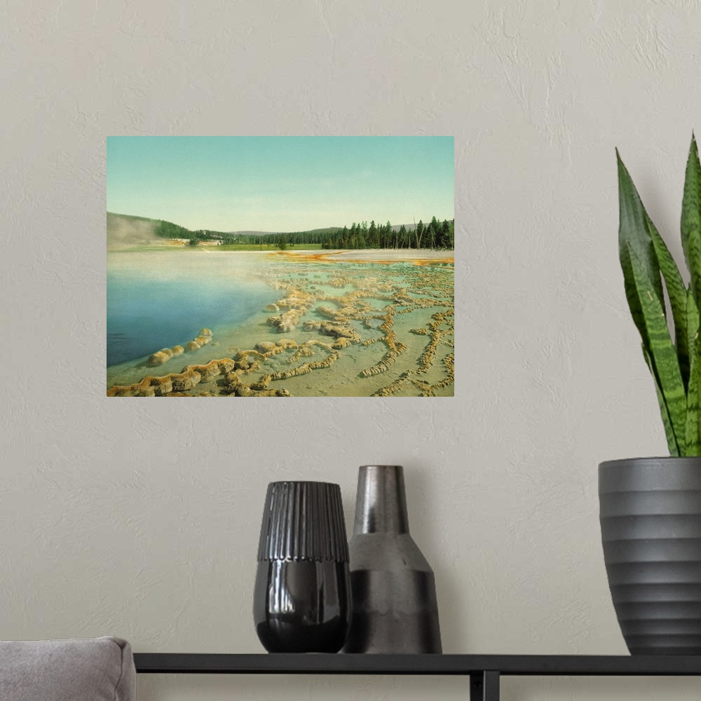 A modern room featuring Hand colored photograph of sapphire pool, Yellowstone national park.