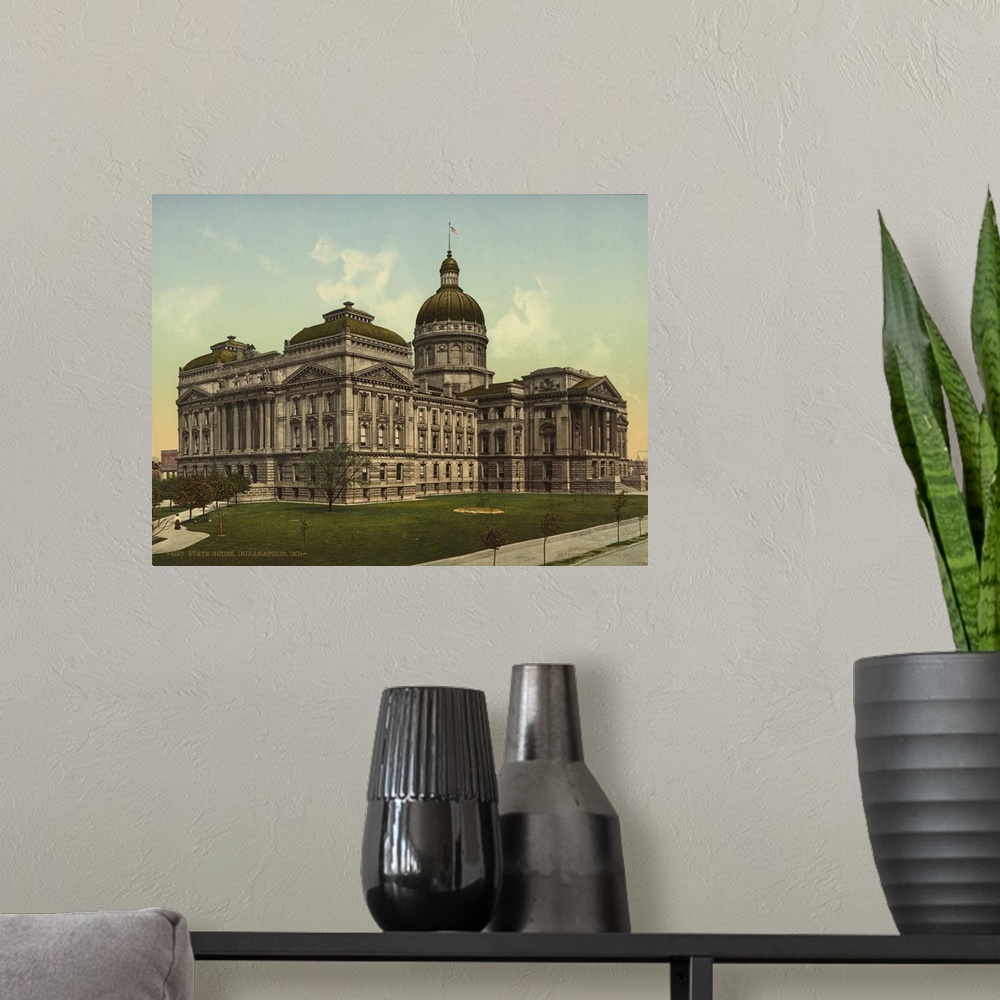 A modern room featuring Hand colored photograph of state house, Indianapolis, Indiana.