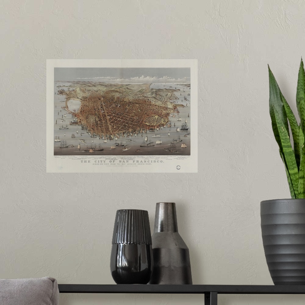 A modern room featuring Hand colored photograph of the city of San Francisco. Birds eye view from the bay looking south-w...
