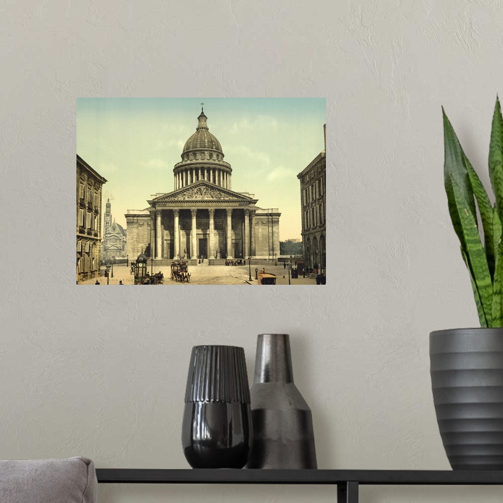 A modern room featuring Hand colored photograph of the pantheon, Paris, France.