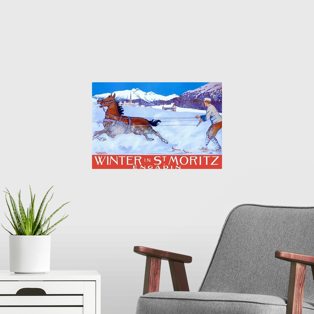 A modern room featuring Vintage advertisement for winter in St. Moritz with a man on skis being pulled by a horse in fron...