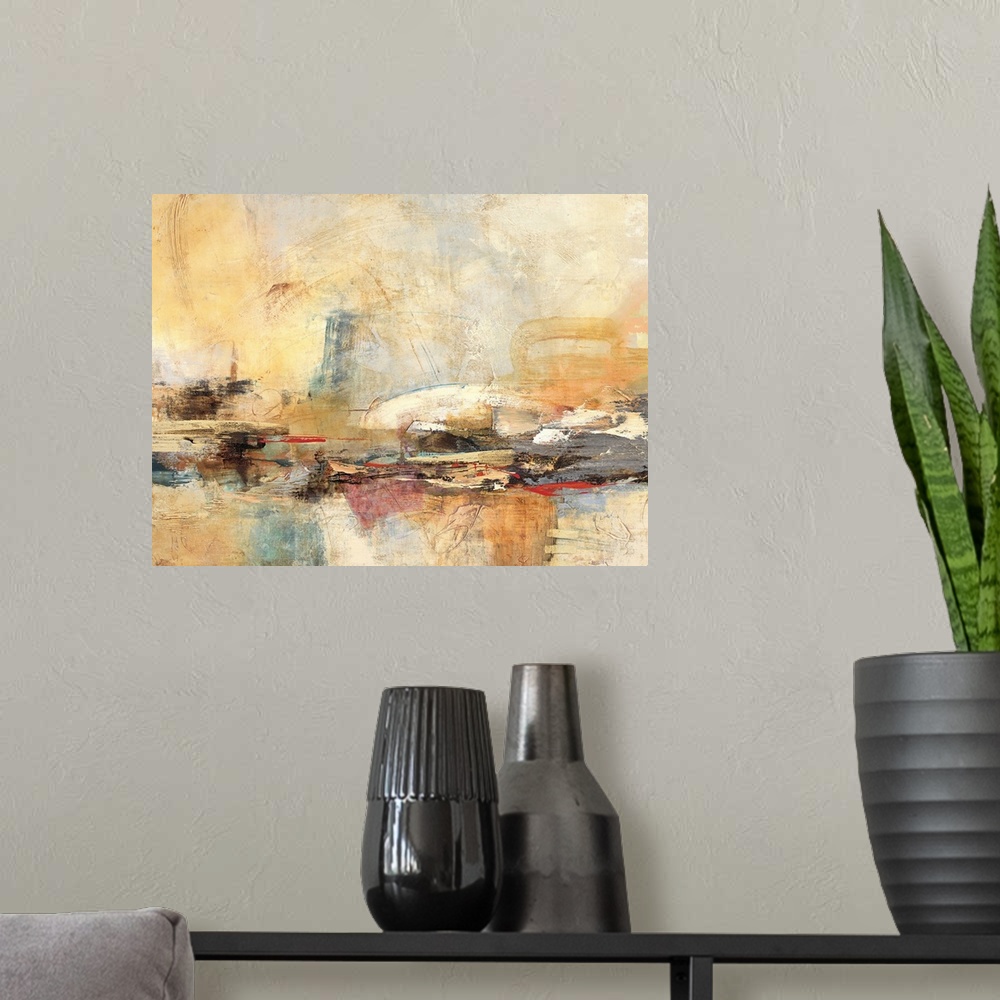 A modern room featuring Contemporary abstract art print in earthy shades of orange and grey with heavy brush textures.