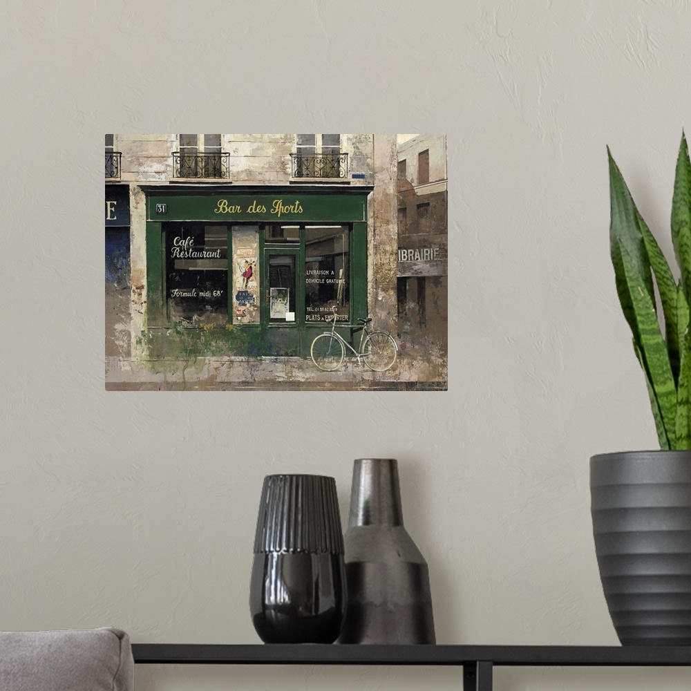A modern room featuring Contemporary painting of a bar storefront downtown in a city.