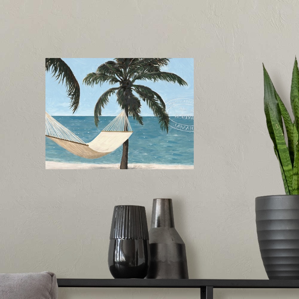 A modern room featuring Painting of a hammock hanging between two palm trees overlooking the ocean.